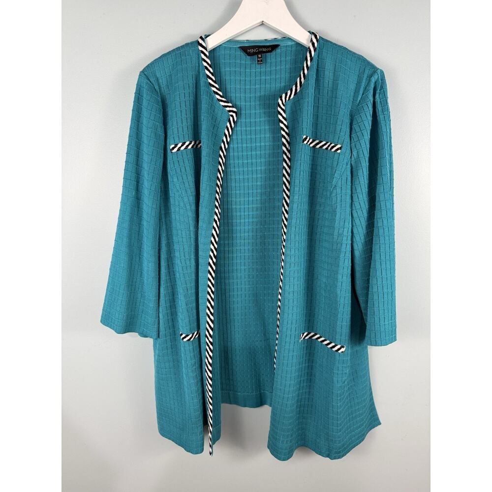 Ming Wang Open Cardigan Sz 1x Teal Office Business Career 3/4 Sleeve Old Money